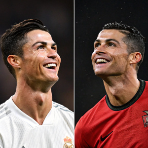 Cristiano Ronaldo, two images blended. Younger, smiling portrait and intense action shot during match. Dark, contrasty backdrop.