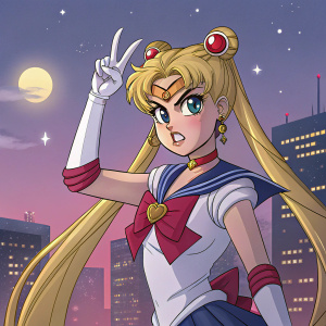 Sailor Moon, the iconic heroine from the anime series, making a peace sign with a fierce and determined expression. Detailed facial features and expressive eyes.
