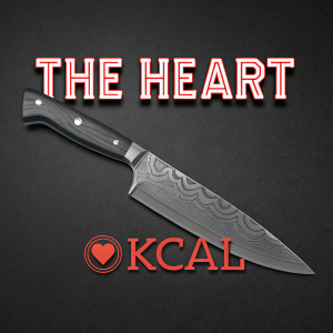 Edgy graphic design featuring a bifurcated knife. Gray blade, black background. Fiery font reads 'The Heart'. '@kcal' logo in detail.