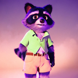 A 3D animated raccoon character from Zootopia, dressed in a vibrant green shirt and tan shorts with a belt. Set against a neutral grey backdrop, the character's detailed fur and expressive face come to life with smooth lighting and shading.