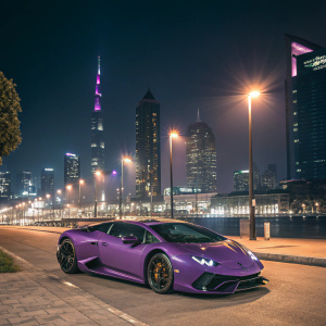 Purple Lamborghini Huracan LibertyWalk at night. City skyline in the background.