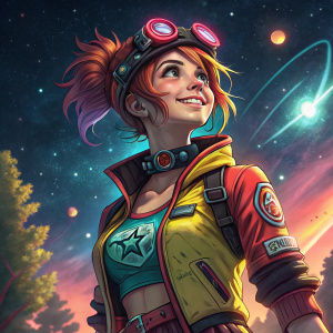 Digital art of Gaige from Borderlands, a vibrant, youthful character. Sporty and futuristic outfit. Set against a cosmic, starry background.