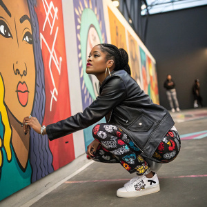 Keke Palmer at a graffiti art exhibit. Crouched pose in front of colorful murals. She wears a black leather jacket and graphic print pants.