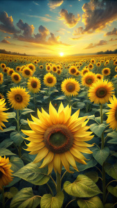 Imagine a vast field filled with tall, majestic sunflowers. These sunflowers stood tall, following the direction of the sun shining brightly in the blue sky. Their bright yellow petals look like a crown that radiates happiness and energy, while the dark brown flower centers add a beautiful contrast. Each sunflower seemed to be smiling, bringing warmth and cheer to the entire field. A gentle breeze flowed through the fields, making these flowers sway gently, creating waves of vibrant yellow color