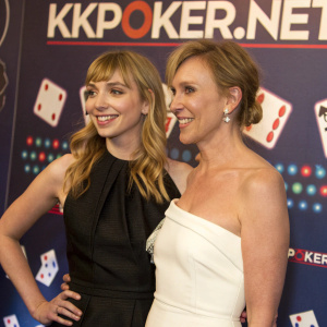 Imogen Poots and Toni Collette, against a backdrop of KKPoker.net logos, posing for a promotional event photo.