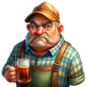 A farmer fat grumpy old man with a bald head looking grubby and a glass of beer. Centre and isolate on a white background.