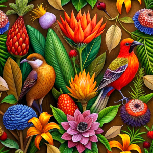 exotic orange craft paper with  purple -red  exotic fantastic birds   and  yellow exotic flowers  and white  wild flowers ,flame  sweet paes, red  artichokes ,gladiolus 