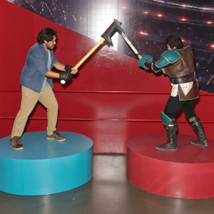 3D rendering of Dota 2 characters. Battle arena backdrop. Game-inspired graphic style.