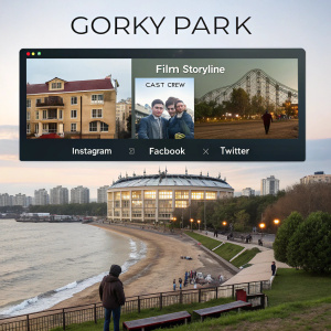 Website home page for Gorky Park. Features large banner image of park, summary of film storyline, cast and crew details, social media icons for Instagram, Facebook, and Twitter. Sections for film stills, trailers, and behind-the-scenes footage.