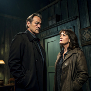 Jon Lindstrom and Julie Pinson in an intense scene from 'Port Charles'. Dark and moody set design.