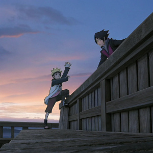 Boruto anime scene. Characters in dynamic poses. Soft sunset background