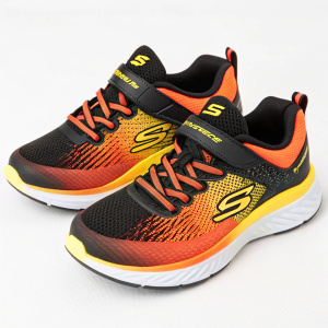 Boys Skechers Thermoflux 2.0 Magnoid Trainers. Sleek design. Black and vibrant orange and yellow colors. Side logo prominently displayed.