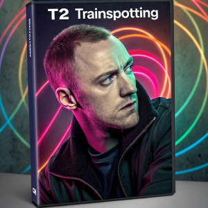 DVD cover for 'T2 Trainspotting'. James McAvoy in a striking pose, with abstract swirls and neon colors overlaying his face. Title and DVD label prominently displayed.