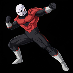 Jiren, a formidable character from Dragon Ball FighterZ, is digitally illustrated in a dynamic fighting pose. His bald head and chiseled muscles are prominently displayed in a tight red and black bodysuit. Set against a sleek black backdrop, this character exudes power and determination.