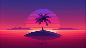 red and purple, closeup island silhouette with tropical vibes, minimal, vector, illustration