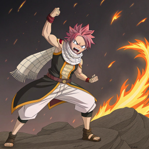Natsu Dragneel from Fairy Tail, in fierce stance. Pink hair, muscular arms. Surrounded by flames.
