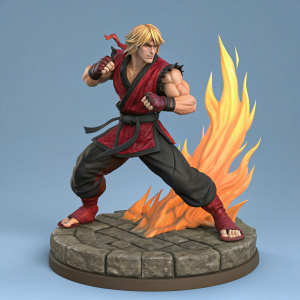 3D model of Ken Masters from Street Fighter 5. Dynamic fighting pose. Muscular build, blonde hair, determined expression. Wearing black and red outfit with martial arts design. Standing on a stone base with large fiery flame. Neutral blue background.