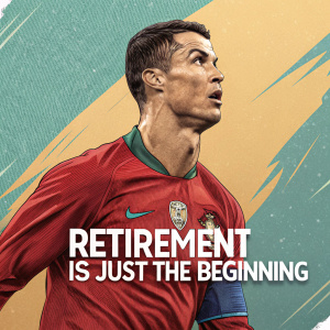Digital illustration of Cristiano Ronaldo on the cover of a sports magazine. The illustration showcases Ronaldo with the caption 'Retirement is Just the Beginning'. Vibrant colors and dynamic pose