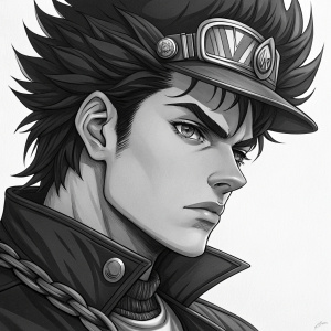 Illustration of Jotaro Kujo from Jojo's Bizarre Adventure: Stardust Crusaders. Close-up, determined expression, black and white art style.