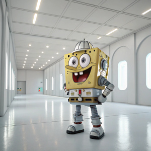 SpongeBob SquarePants dressed in a futuristic robot costume. Brightly lit, empty room