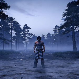 Guts from Berserk, a muscular warrior, standing in a forest clearing, serious expression, shirtless, wearing rough cloth pants with stripes, surrounded by tall trees