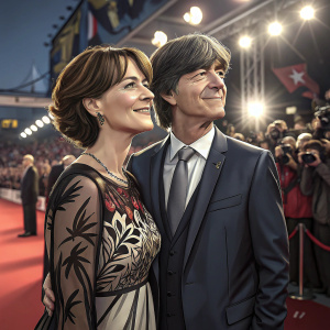 Joachim Löw and Daniela Löw at a bustling film festival. Crowds and bright lights in the background.