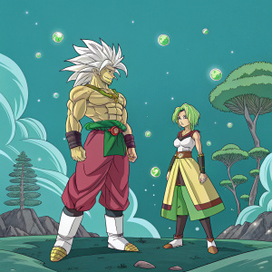 Broly and Cheelai, Dragon Ball Z characters, standing in a fantasy realm. Teal background, vibrant colors