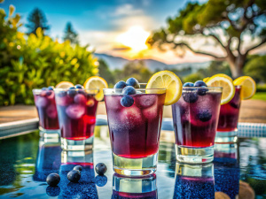 A 3 glasses of Honey Tito's Blueberry Vodka Cocktail 2 ounces Tito's Handmade Vodka 1/2 cup fresh blueberries plus extra for garnish 1 oz honey syrup (1 part honey, 1 part warm water, mixed until smooth) 1 tablespoon sugar Juice of 1 lemon Soda water Ice .Also,i want a side shot, The cocktail is in a Swimming pool water, clear sky, and few people in the background. the focus and the zoom should be on the Glasses and the lighting, and shadows should be realistic,camera : iphone 15 pro,