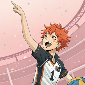 Hinata Shouyo, the volleyball star from Haikyuu!, with vibrant red hair, wearing a team jersey, in a high-five pose. Pastel stadium background.