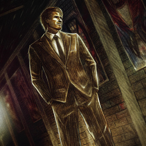 Artistic sketch of Dean Winchester. Dapper in suit and tie. Supernatural convention backdrop