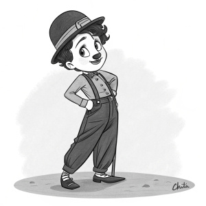 Cartoony sketch of Charlie Chaplin. Wearing a bowler hat and baggy pants. Simple black and white illustration. Empty background
