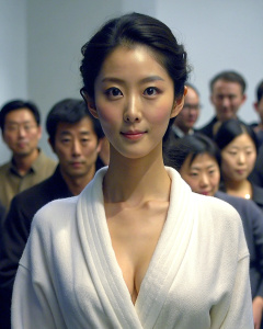 1girl, 20-year-old Korean actress Clara Lee Sung-min, with bun hair style, wearing a full white bathrobe, gallery show: 1.2, collarbone, looking at the audience, ((turbulent)), ((perfect body proportions)), ( Panorama: 1.3), beautiful and mature, wide-angle lens, grin, deep shadows, Emily Soto, <lora:DetailedEyes_xl_V2:1>, <lora:neg4all_bdsqlsz_xl_V7:1>, (super delicate oval face)), ((beautiful eyes with long eyelashes ,((real image quality)),((Leica RAW photo)),64k,((fidelity:1.2)), ((real fair