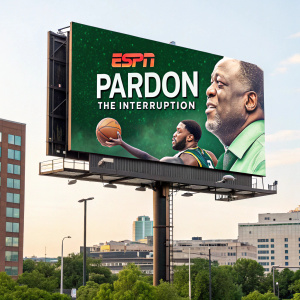 Promotional billboard for 'Pardon The Interruption'. Green screen background, ESPN logo at the top