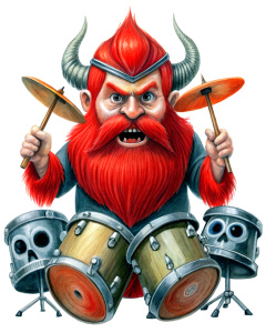 angry and bad musician dwarf illustration, red accessories, playing drums on skulls and only skulls, vintage cartoon effect, white background