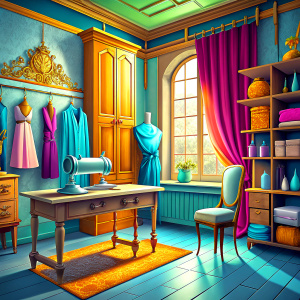 we see the 4 waalls of the  tailor shop with paneling up to half of the walls and pink wallpaper on the remaining part. Wooden cabinets with fabrics in the background. An rococo  table with a sewing machine and its chair in front of it. A single window with curtains on one side of the room. A large table on one side of the room where drawings and clothing patterns are drawn. carpet on the floor.old chandelier on the ceiling
