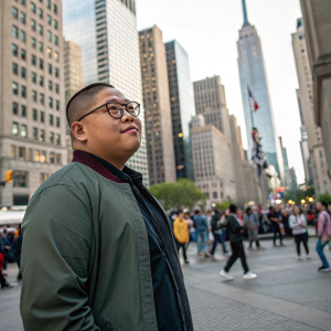 Jacob Batalon, Asian actor with short hair and glasses, standing in a bustling city square. Skyscrapers towering in the background.