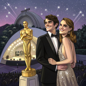 RJ Mitte and Dyna Mitte celebrating at the Hollywood Bowl. Both are dressed elegantly for the evening. RJ in a black suit, Dyna in a shimmering gown. Golden statue in the foreground.