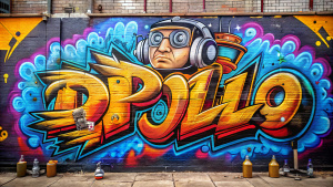 DJ POLLO EN LETRAS EN BARDA PINTADA EN GRAFITI  COLORES QUE DIGA, DJ rigo CON UNOS AUDIFONOS 