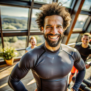 foto, primer plano, hombre Entrenador Personal feliz con gente atrás