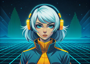 crea un personaje feminino de anime de pelo blanco y ojos color plata con audifonos gamer con un entorno hacker
