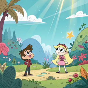 Digital illustration of 'Star vs. the Forces of Evil'. Main characters in vibrant, colorful fantasy landscape with bright sun and blue skies.