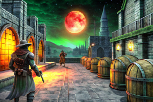 screenshot from game Thief 2 the Metal Age, dark, steampunk, night city, view from street, on human level, 2 guards in mask, walking around. Noir style. red moon in the sky, thief hiding behind some barrels.