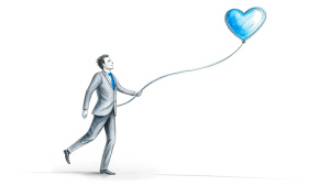 A sketch of a strategic businessman leading with the heart, black and white
