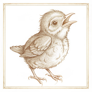 set of vintage pose baby bird Looking up with beak open wide
 line art drawing black and white rectangular line art white background