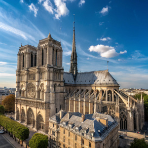 Aerial view of the Notre Dame Cathedral in Paris, France. Stunning Gothic architecture with detailed stone work and vibrant sky background.