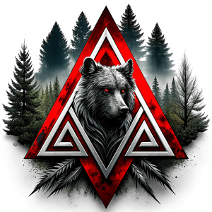 valknut runes pattern geometric symbols - bear and trees - tattoo design - perfect realistic art - high-definition - grey and black - white background 