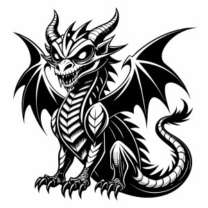 Spooky dragon, intricate, black tattoo design on a white background