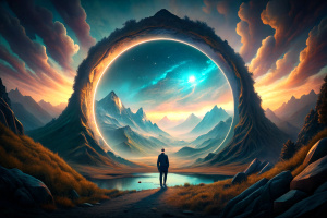 Man silhouette standing in mountain landscape with mirror portal. Travel to fantasy world