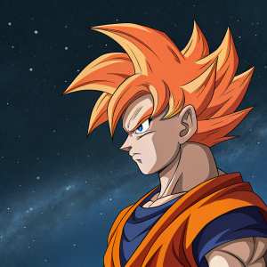 Goku from Dragon Ball Z, fiery orange hair, serious face. Dark, starry night background.