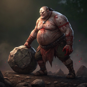 Pudge, the notorious Dota 2 monster, standing menacingly. Blood-soaked body. Clutching a massive boulder. Eerie, dark background